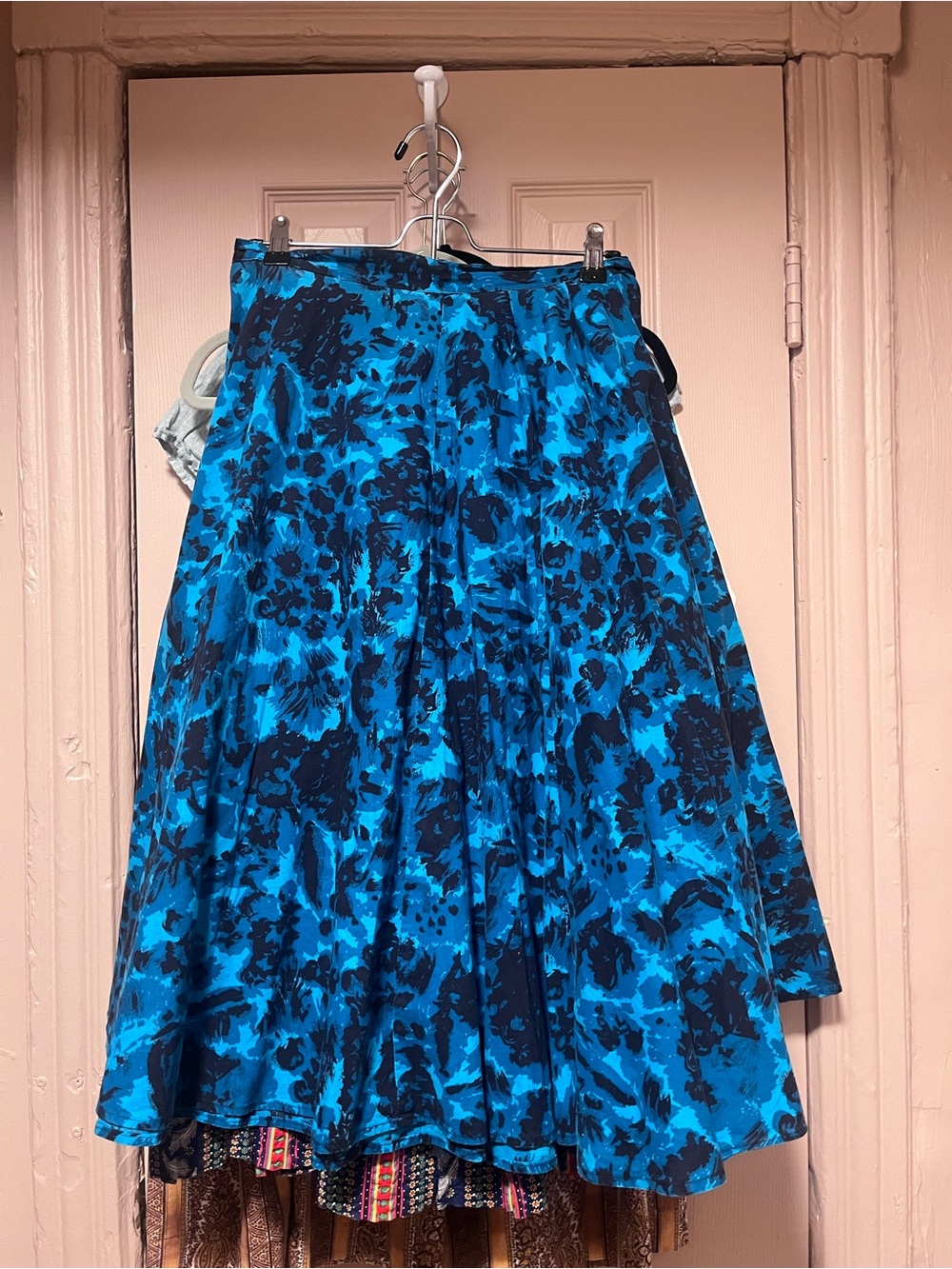 Vintage blue black floral Full Cotton Circle Skirt M w30
